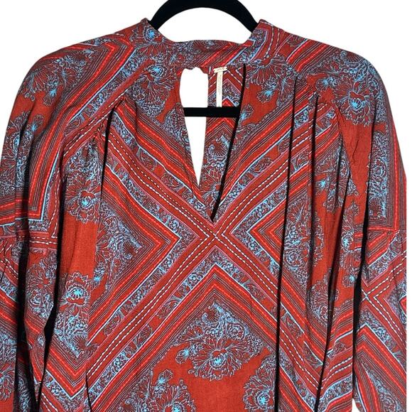 Free People Walking On A Dream Keyhole Pullover Tunic Red Blue Small Boho Hippie - Picture 2 of 8